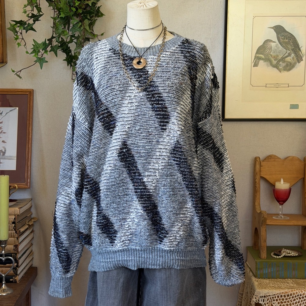 Blue Textured Knit Chevron Sweater Grandpacore Vintage 90s XL Indie Grunge Dad